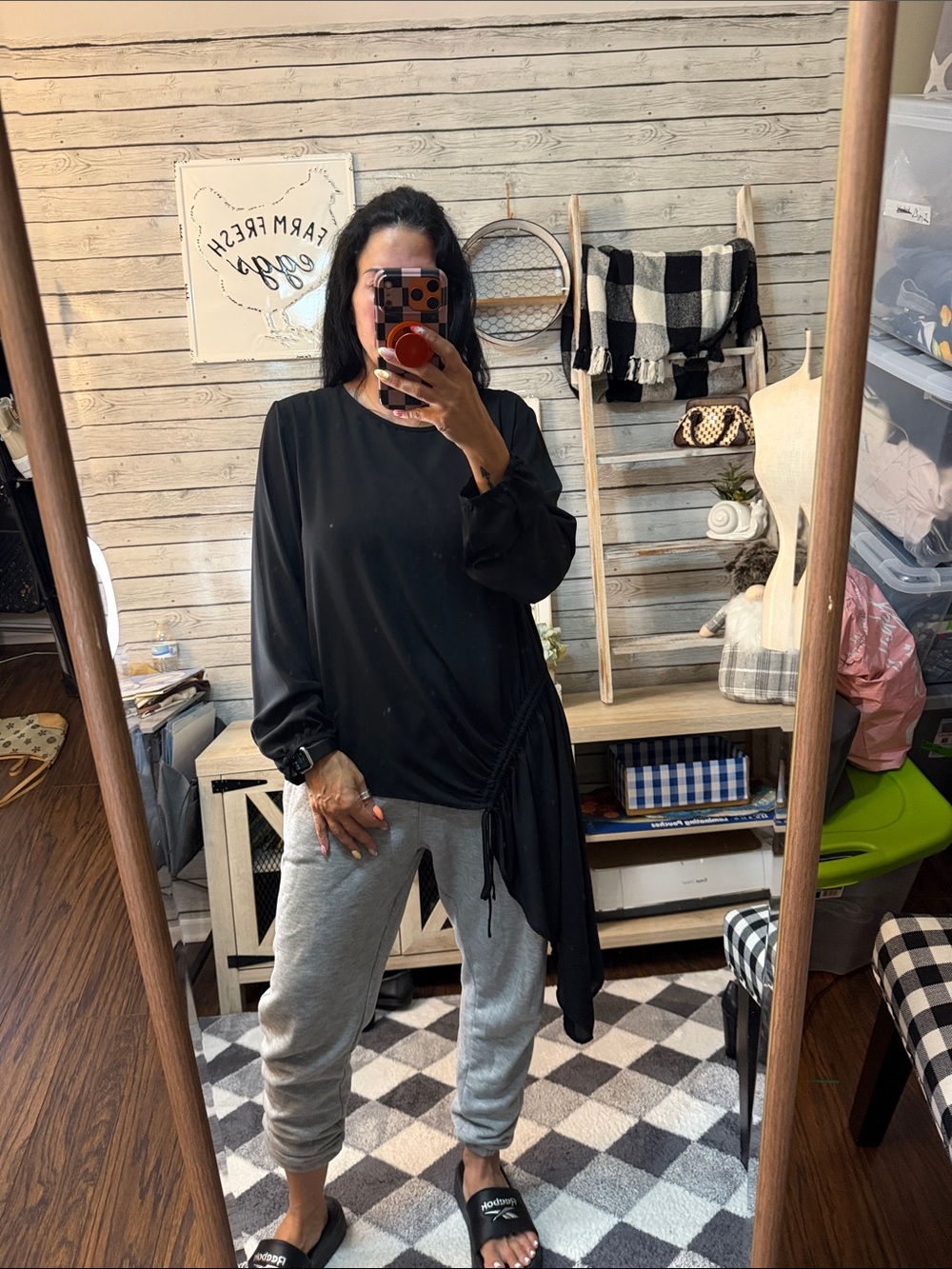 7th Avenue Black Long-Sleeve Ruched Side Crew Neck Top